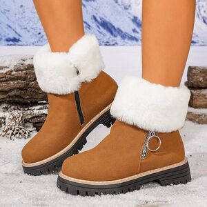 Women's Winter Warm Comfy Tan Ankle Boots with White Fur Lining
